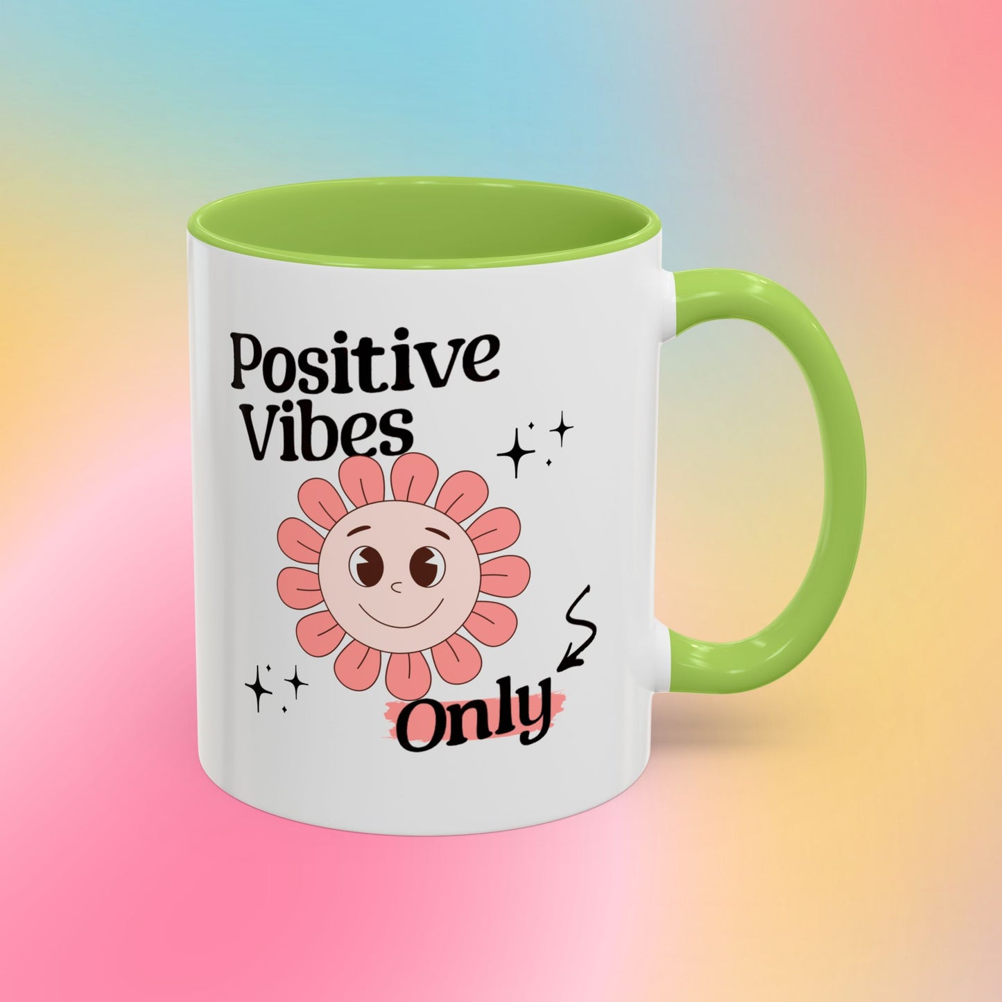 Retro Smiling Pink Flower Accent Coffee Mug — "Positive Vibes Only"