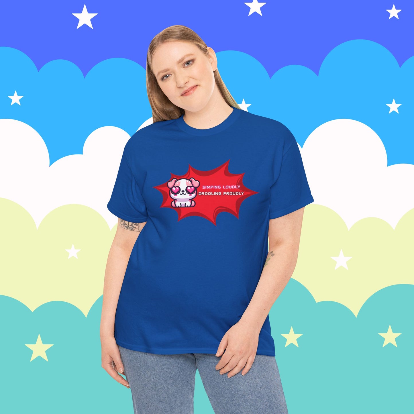 Kawaii Heart-Eyed "Simping Loudly, Drooling Proudly" Pink Bulldog T-Shirt