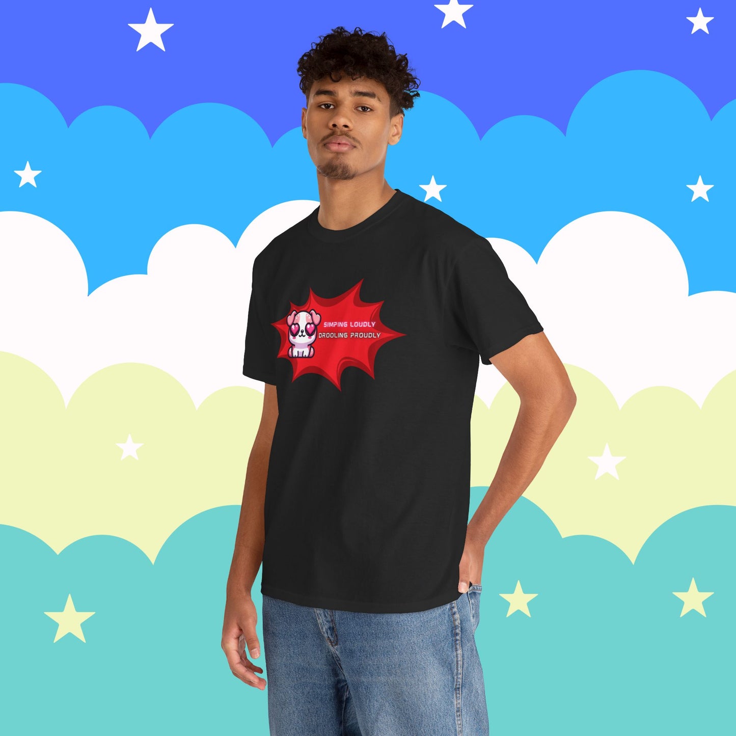 Kawaii Heart-Eyed "Simping Loudly, Drooling Proudly" Pink Bulldog T-Shirt
