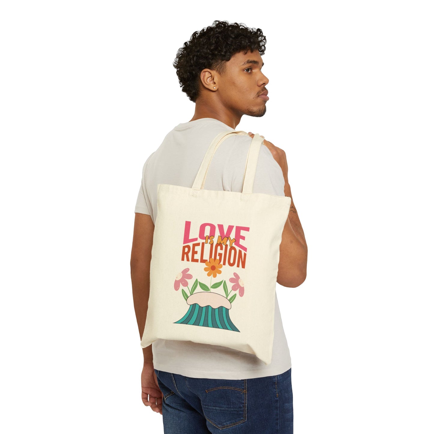 Love Is My Religion Cotton Tote — Floral Retro Canvas Bag