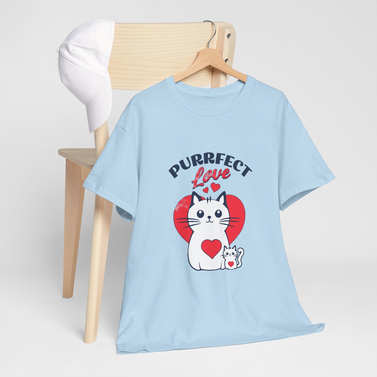 Purrfect Love Cat T-Shirt — Cute Heart Cat Graphic Tee for Cat Lovers, Valentine's Day Gift