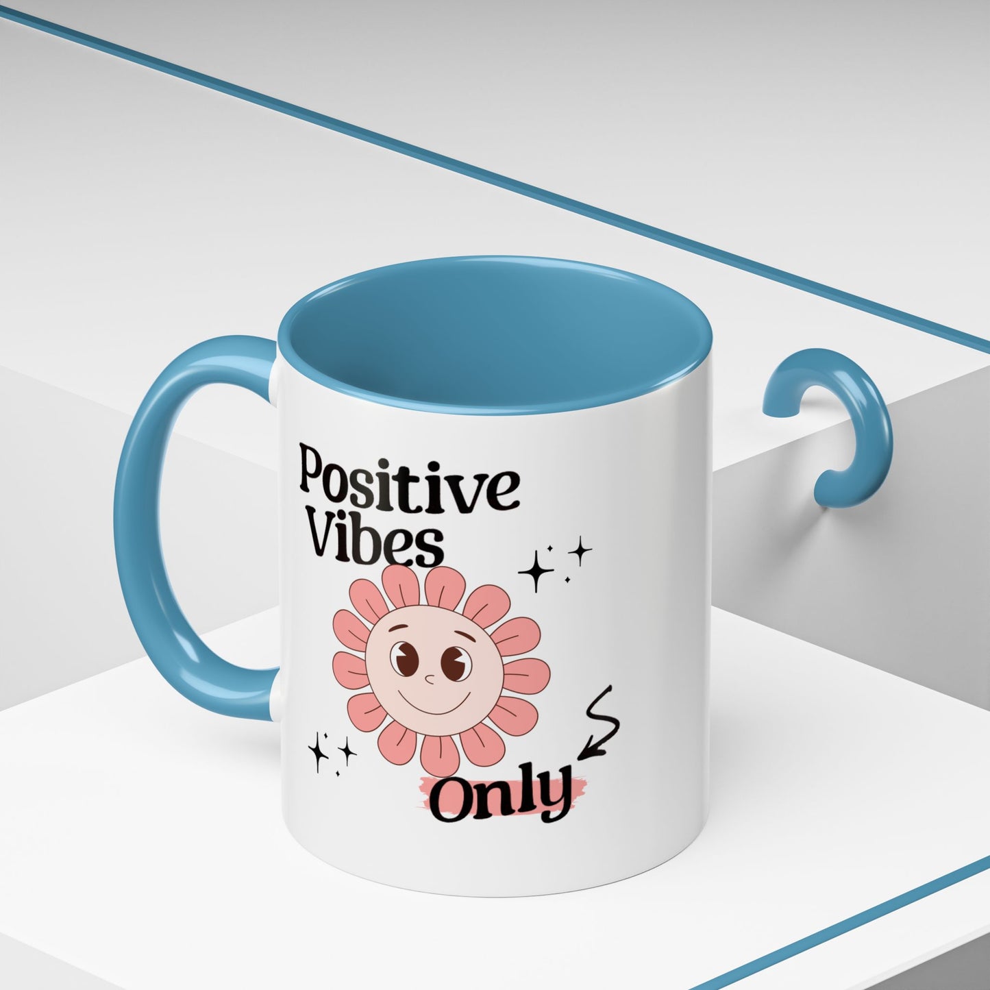 Retro Smiling Pink Flower Accent Coffee Mug — "Positive Vibes Only"