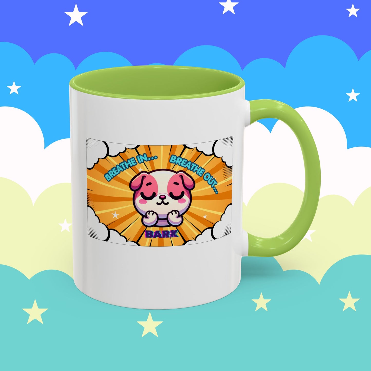 Stay Calm Pink Bulldog Kawaii Emote Coffee Mug — "Breathe In... Breathe Out... Bark"