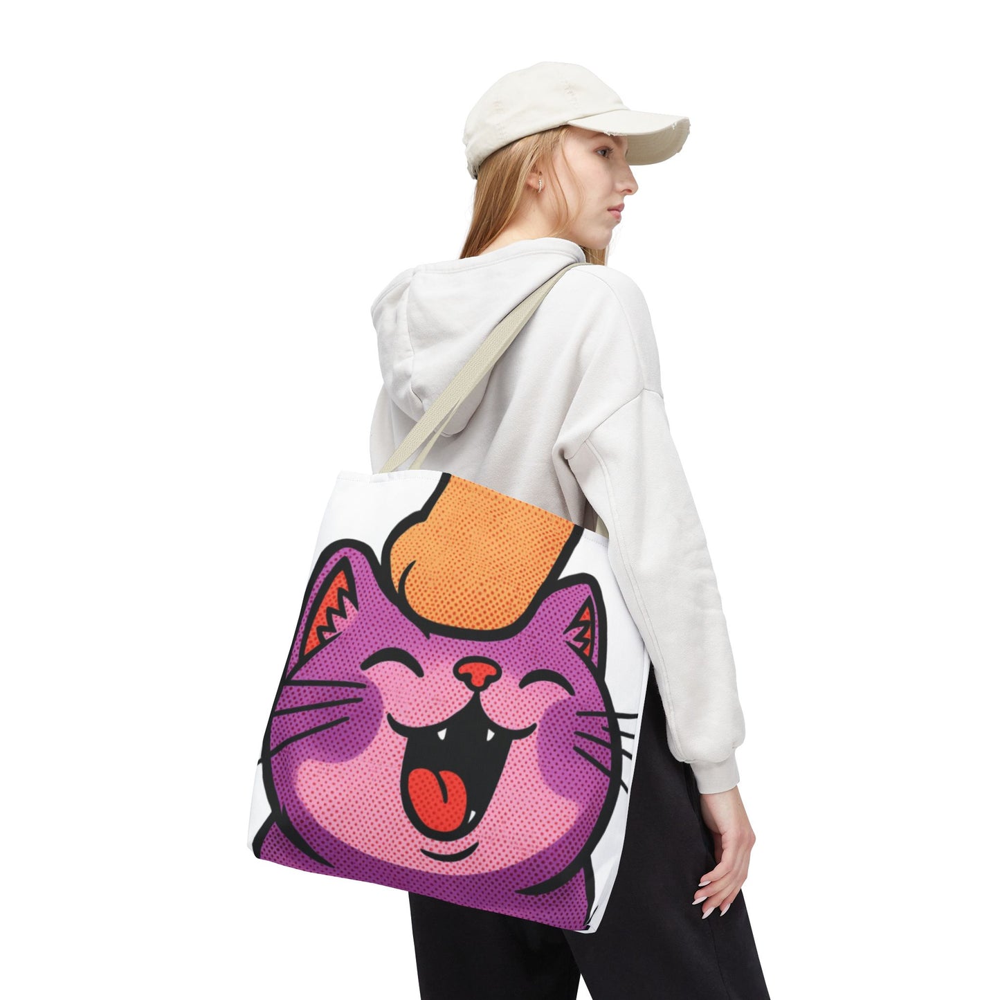 Happy Purple Cat Tote Bag — Cute Kawaii Cat Face AOP Tote