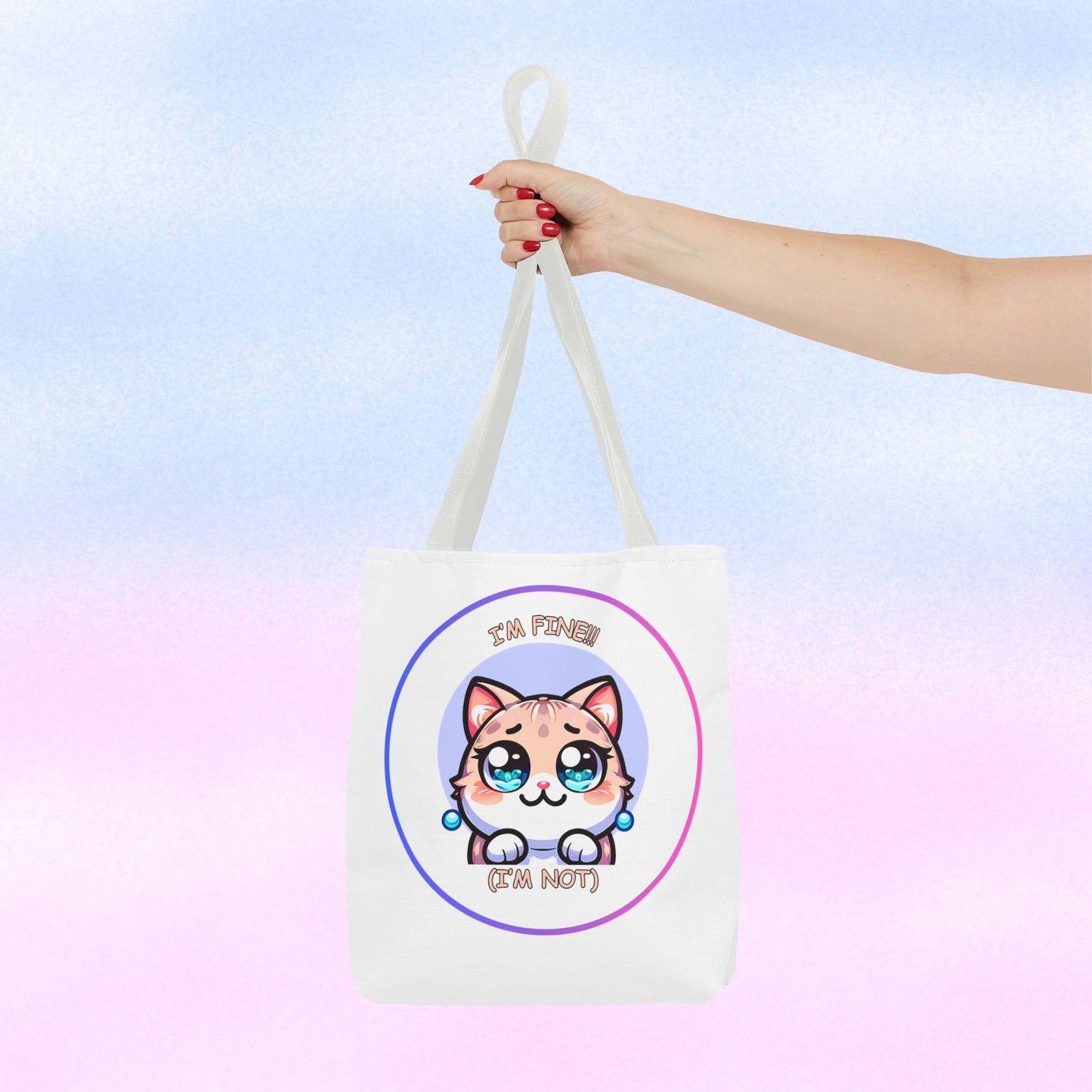 Cute Kawaii Cat Meltdown Emote Tote Bag — "I’m Fine(I'm Not)" Graphic Tote
