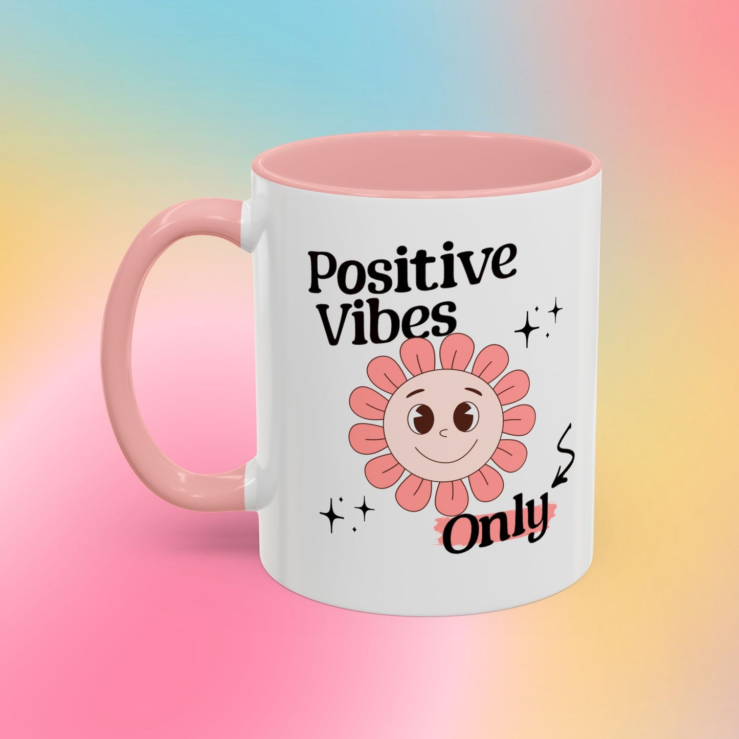 Retro Smiling Pink Flower Accent Coffee Mug — "Positive Vibes Only"