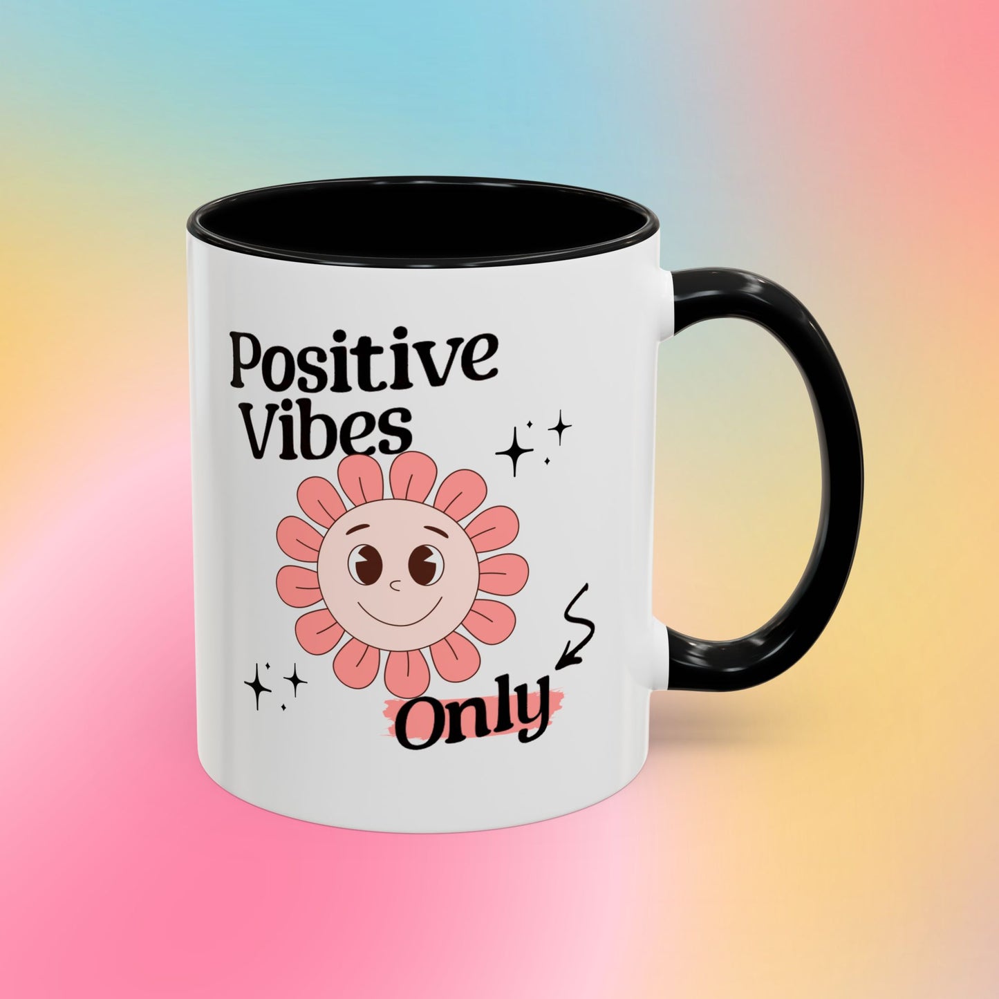 Retro Smiling Pink Flower Accent Coffee Mug — "Positive Vibes Only"