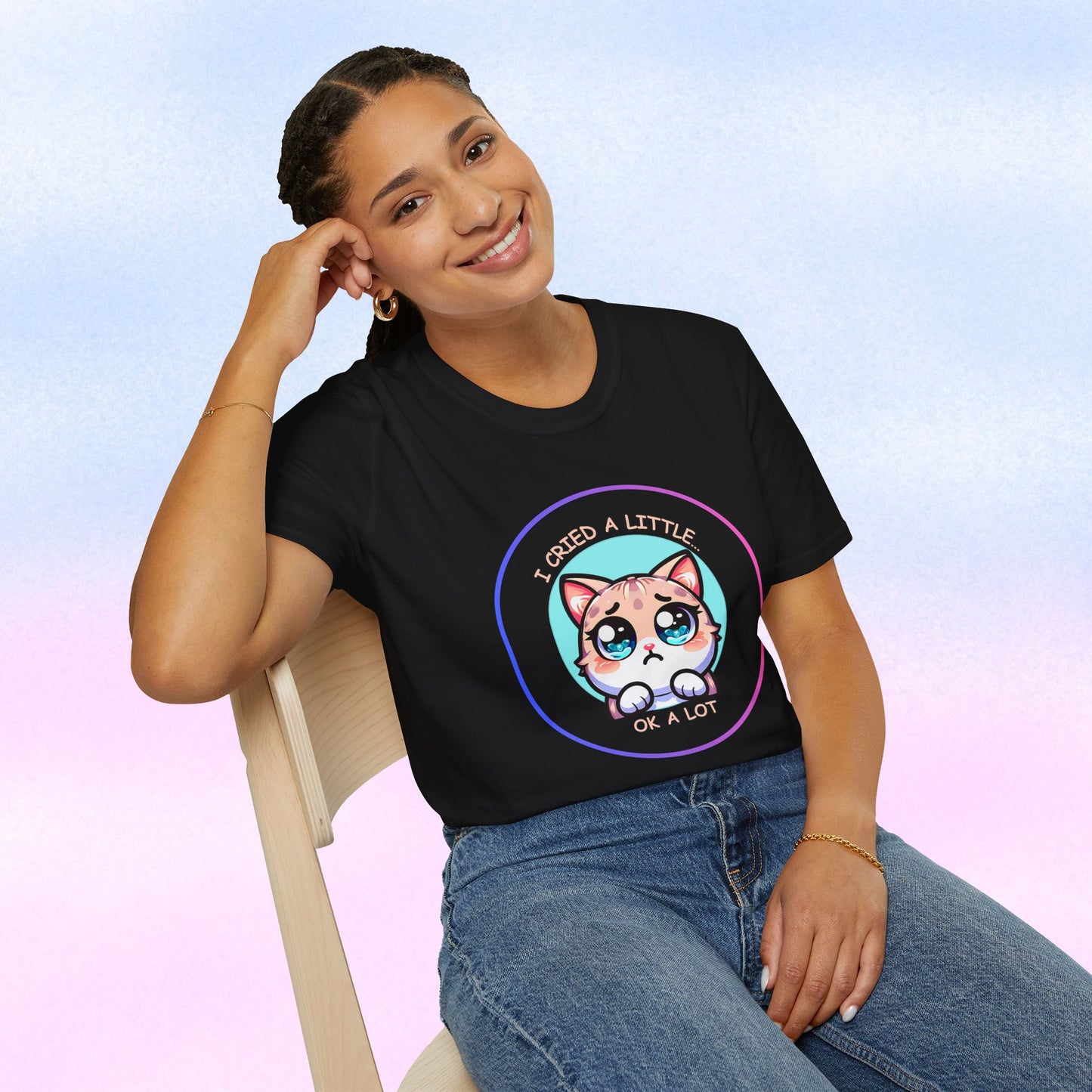 I Cried a Little.... OK a Lot - Sad Kawaii Cat Illustration T-Shirt | Cute Crying Kitty Graphic
