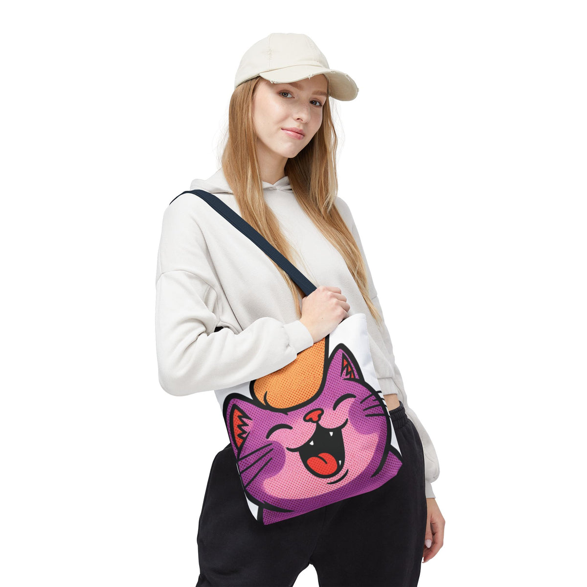 Happy Purple Cat Tote Bag — Cute Kawaii Cat Face AOP Tote