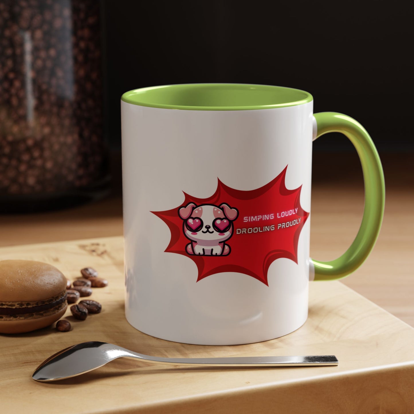 Cute Pink Bulldog Coffee Mug — “Simping Loudly, Drooling Proudly” Kawaii Heart-Eyed