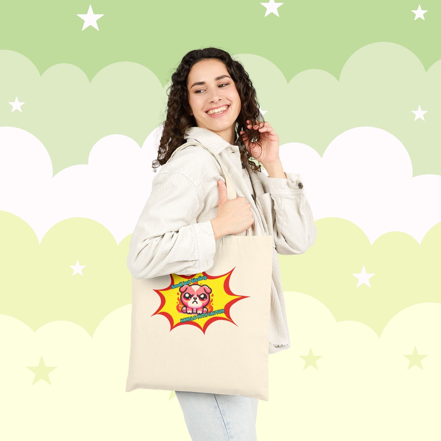 Pink Bulldog Tote Bag, "Small but Sizzling, Handle with Caution' Cute Fiery Mad Pink Emote