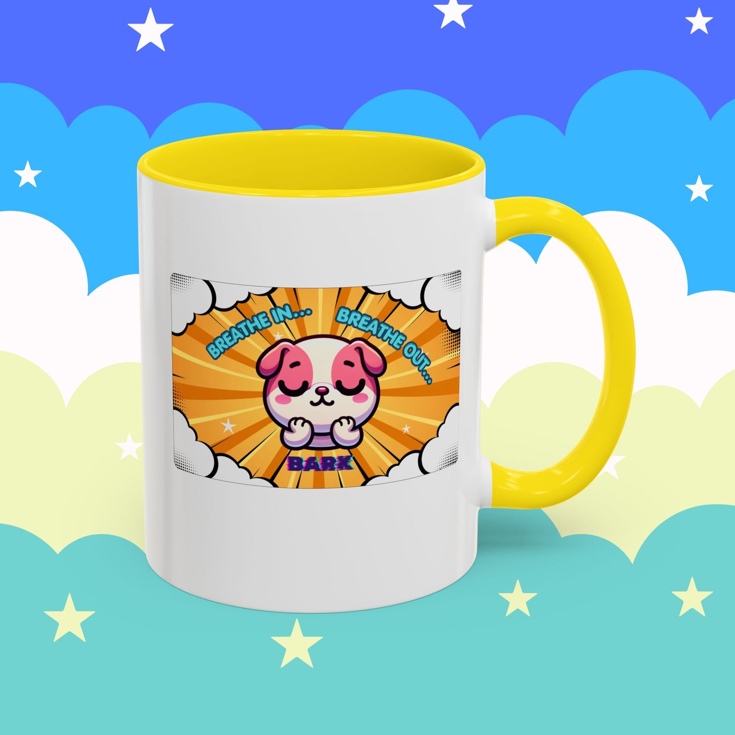 Stay Calm Pink Bulldog Kawaii Emote Coffee Mug — "Breathe In... Breathe Out... Bark"
