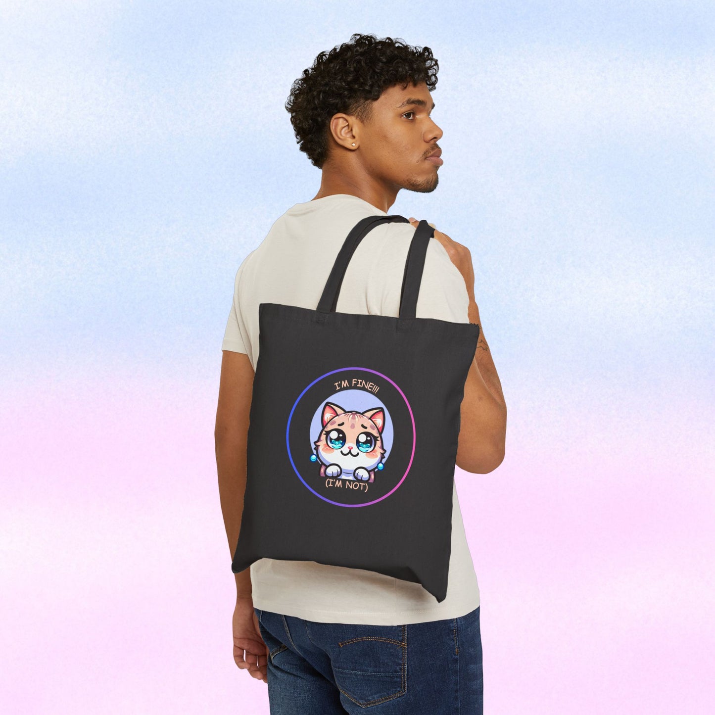 Tote Bag — Cute Kawaii Cat Meltdown Emote “I’m Fine (I’m Not)” Cotton Canvas Tote