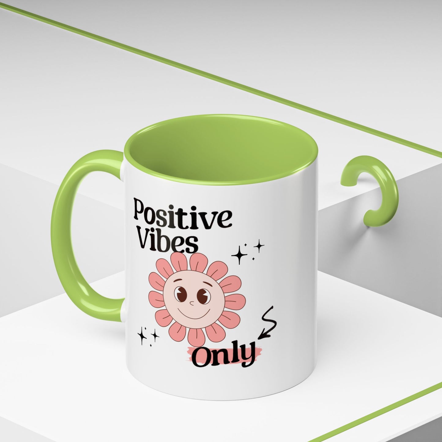 Retro Smiling Pink Flower Accent Coffee Mug — "Positive Vibes Only"