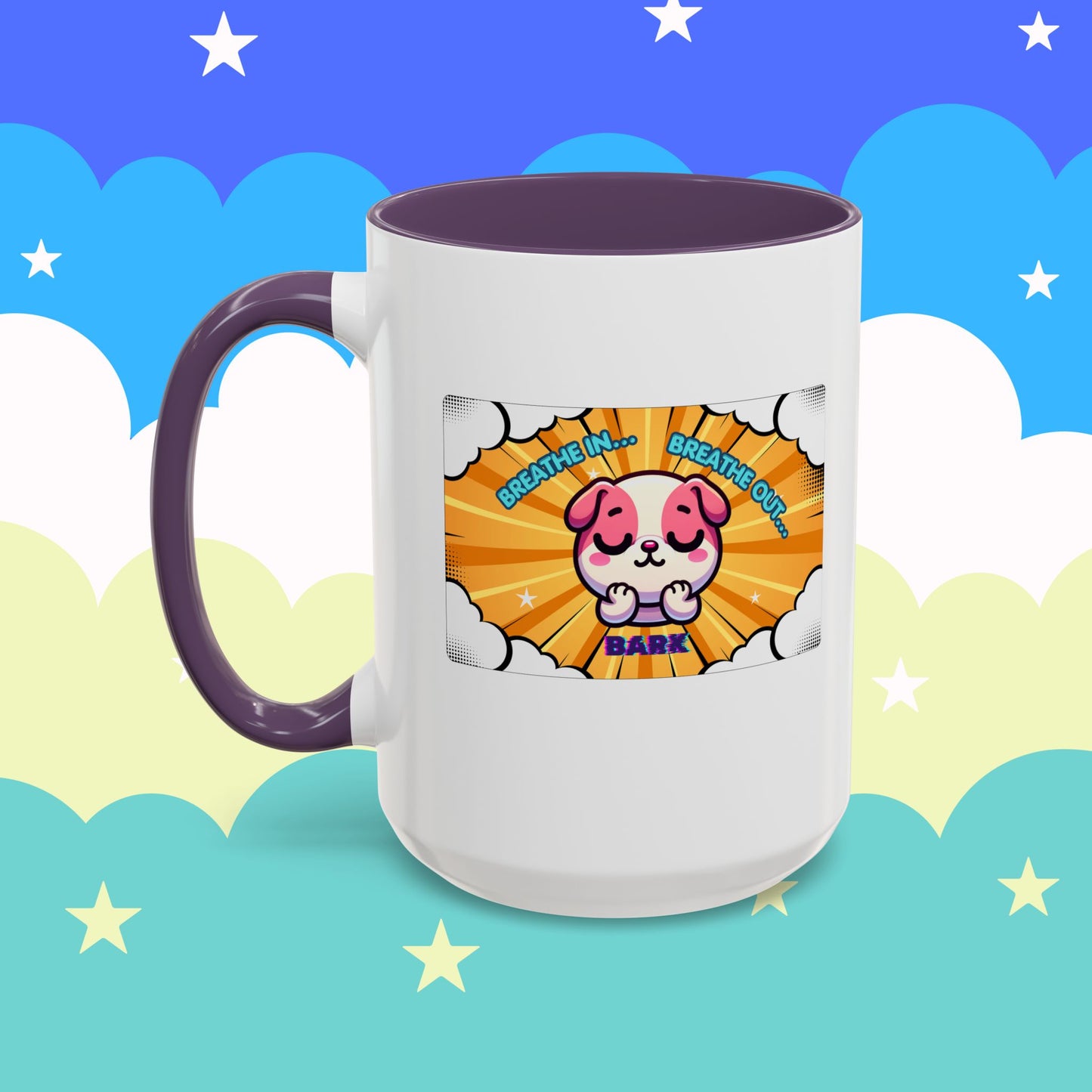 Stay Calm Pink Bulldog Kawaii Emote Coffee Mug — "Breathe In... Breathe Out... Bark"