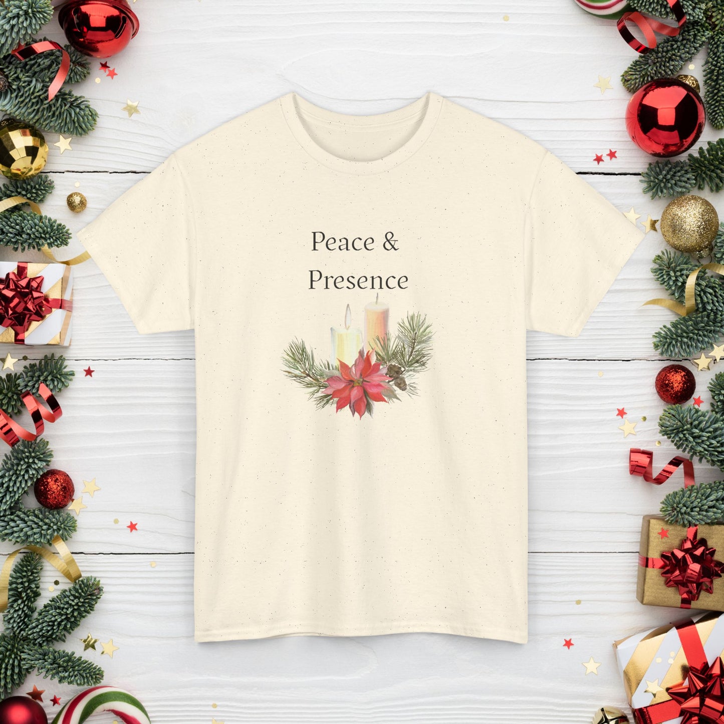 Peace & Presence Cozy Tee — Holiday Floral Christmas T‑Shirt, Cozy Christmas Aesthetic