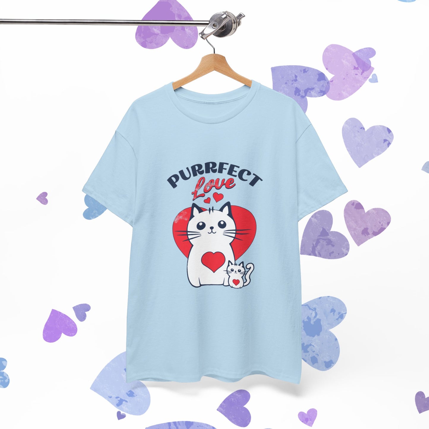 Purrfect Love Cat T-Shirt — Cute Heart Cat Graphic Tee for Cat Lovers, Valentine's Day Gift