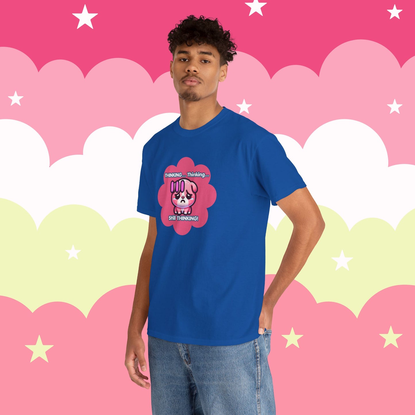 Contemplating Pink Bulldog Emote "Thinking... Still Thinking!" MoodT-Shirt