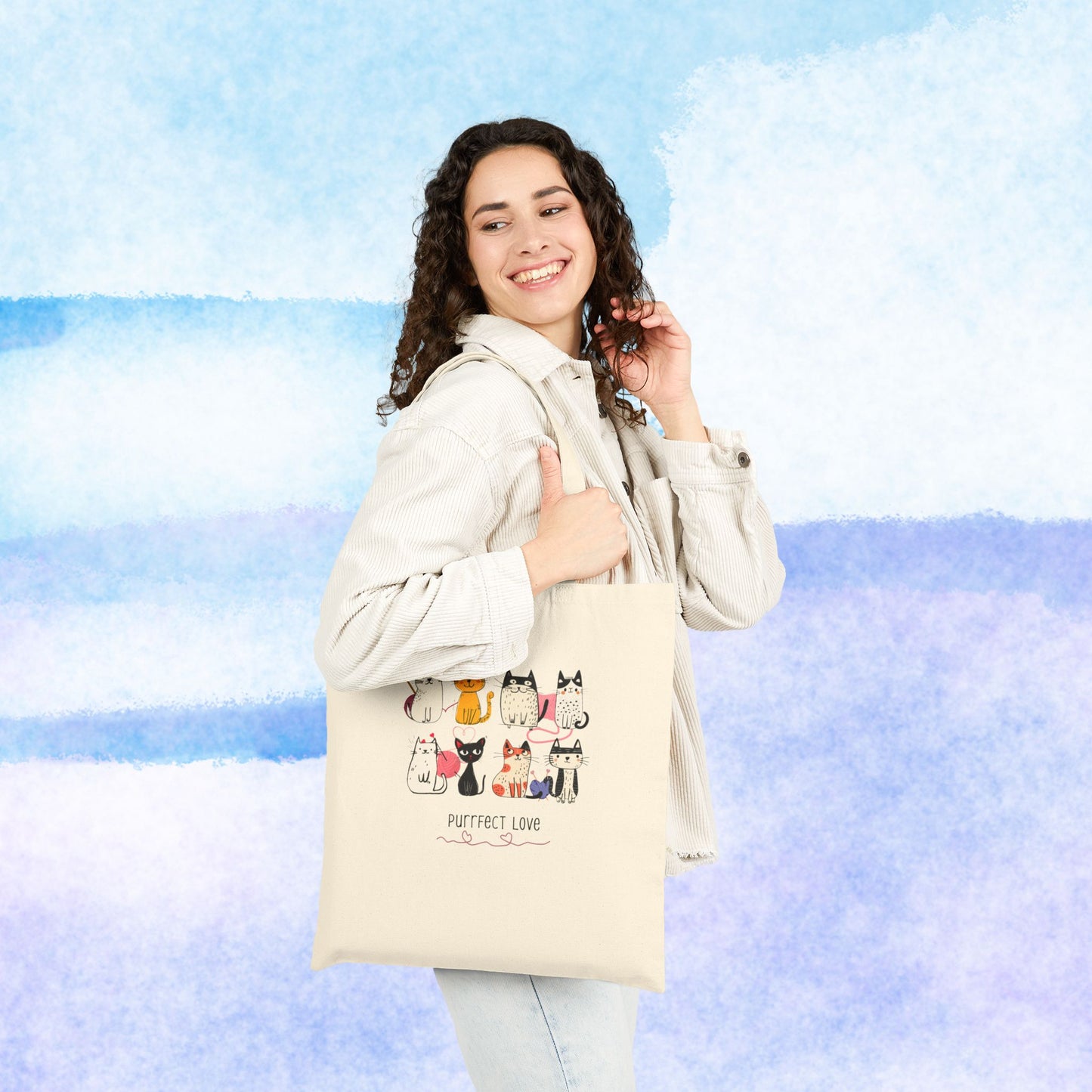 Canvas Tote Bag — "Purrfect Love" Cute Cat Illustration Tote for Cat Lovers
