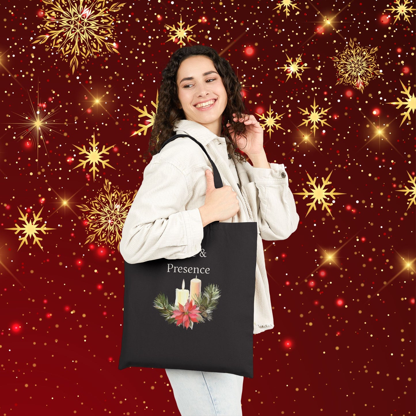 Tote Bag — "Peace & Presence" Holiday Candle Poinsettia Canvas Tote, Cozy Christmas Aesthetic