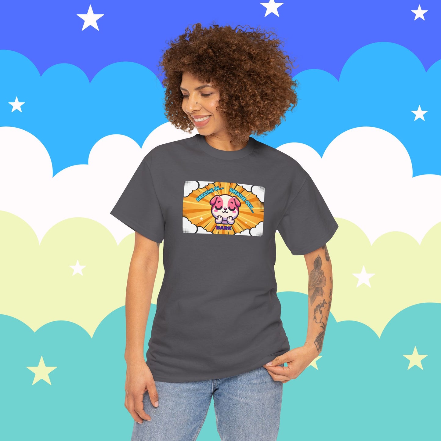 Stay Calm Pink Bulldog T-Shirt — "Breath in, Breath out, Bark" Funny Tee