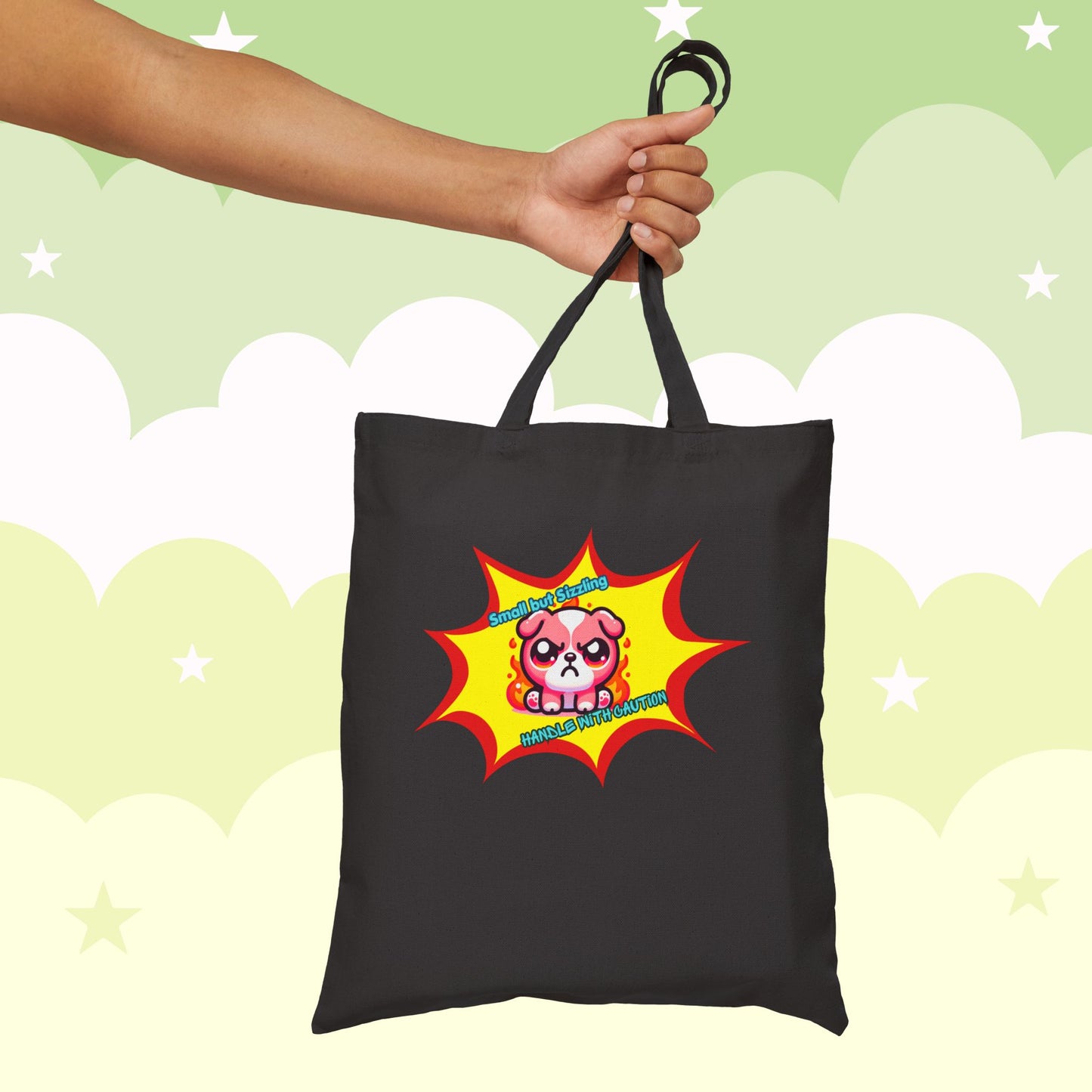 Pink Bulldog Tote Bag, "Small but Sizzling, Handle with Caution' Cute Fiery Mad Pink Emote