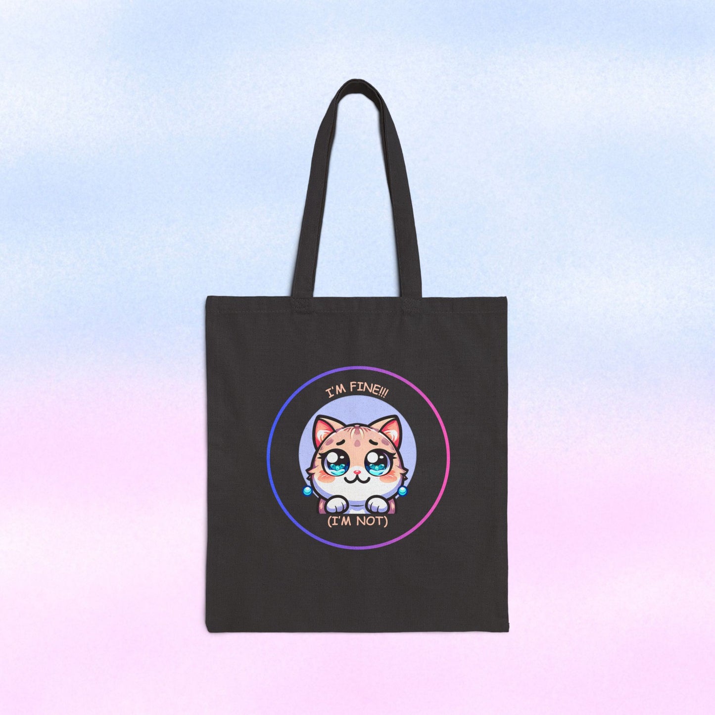 Tote Bag — Cute Kawaii Cat Meltdown Emote “I’m Fine (I’m Not)” Cotton Canvas Tote