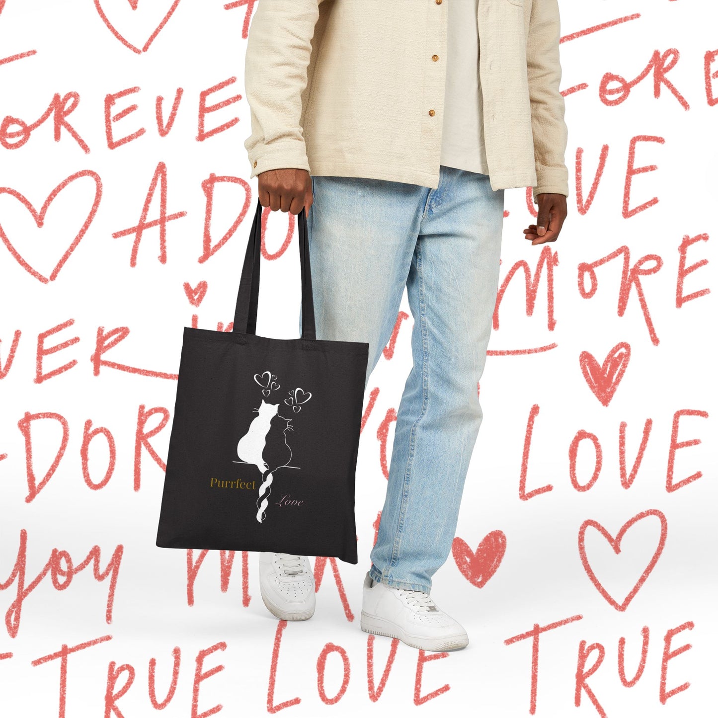Love Cats Tote Bag — "Purrfect Love" Romantic Cat Couple Canvas Tote