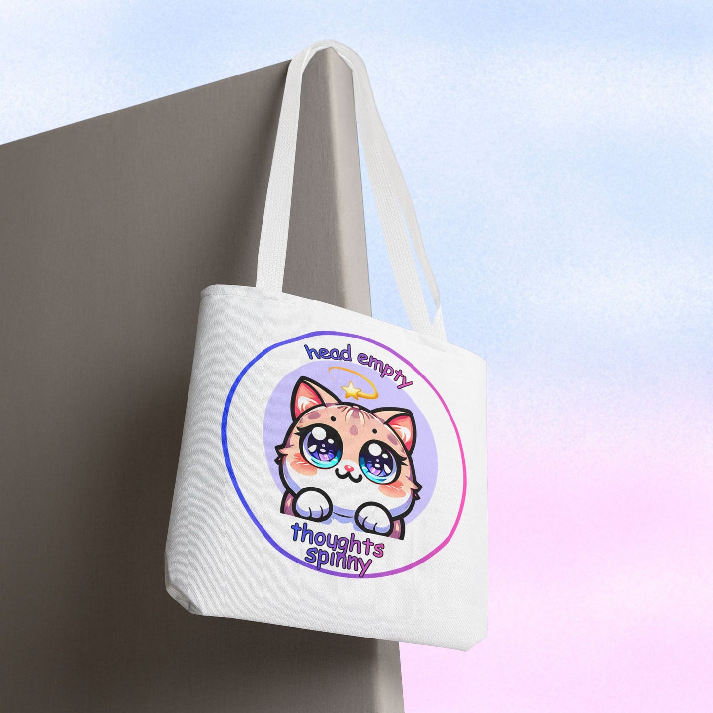 Cute Kawaii Dizzy Cat Tote Bag — "head empty. thoughts spinny."