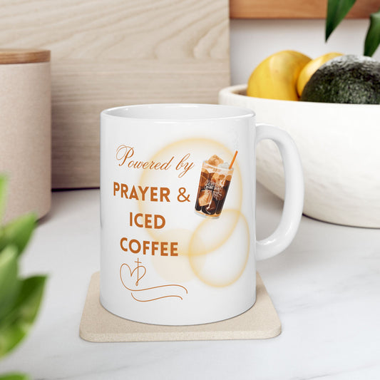 Powered by Brayer & Iced Coffee - Inspirational Christian Mug for Believers and Caffeine Enthusiast - Iced Coffee Lovers, Coffee Cup for Gift, Custom Mug, Inspirational Drinkware, Perfect for Holidays