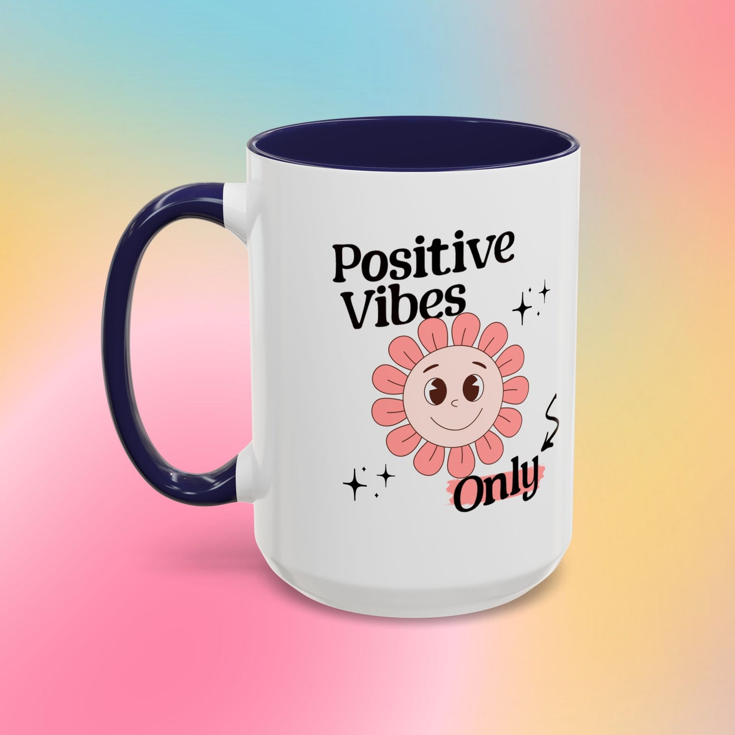 Retro Smiling Pink Flower Accent Coffee Mug — "Positive Vibes Only"