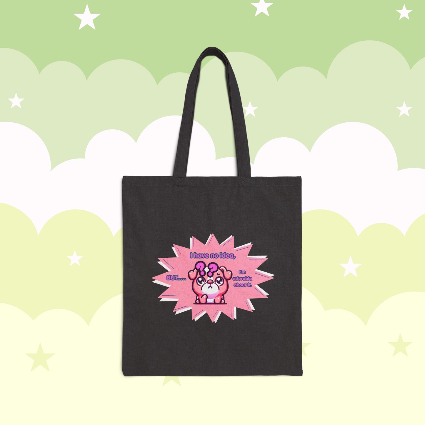 Confused Pink Bulldog Tote Bag — "I have no idea, but... I'm adorable about it."