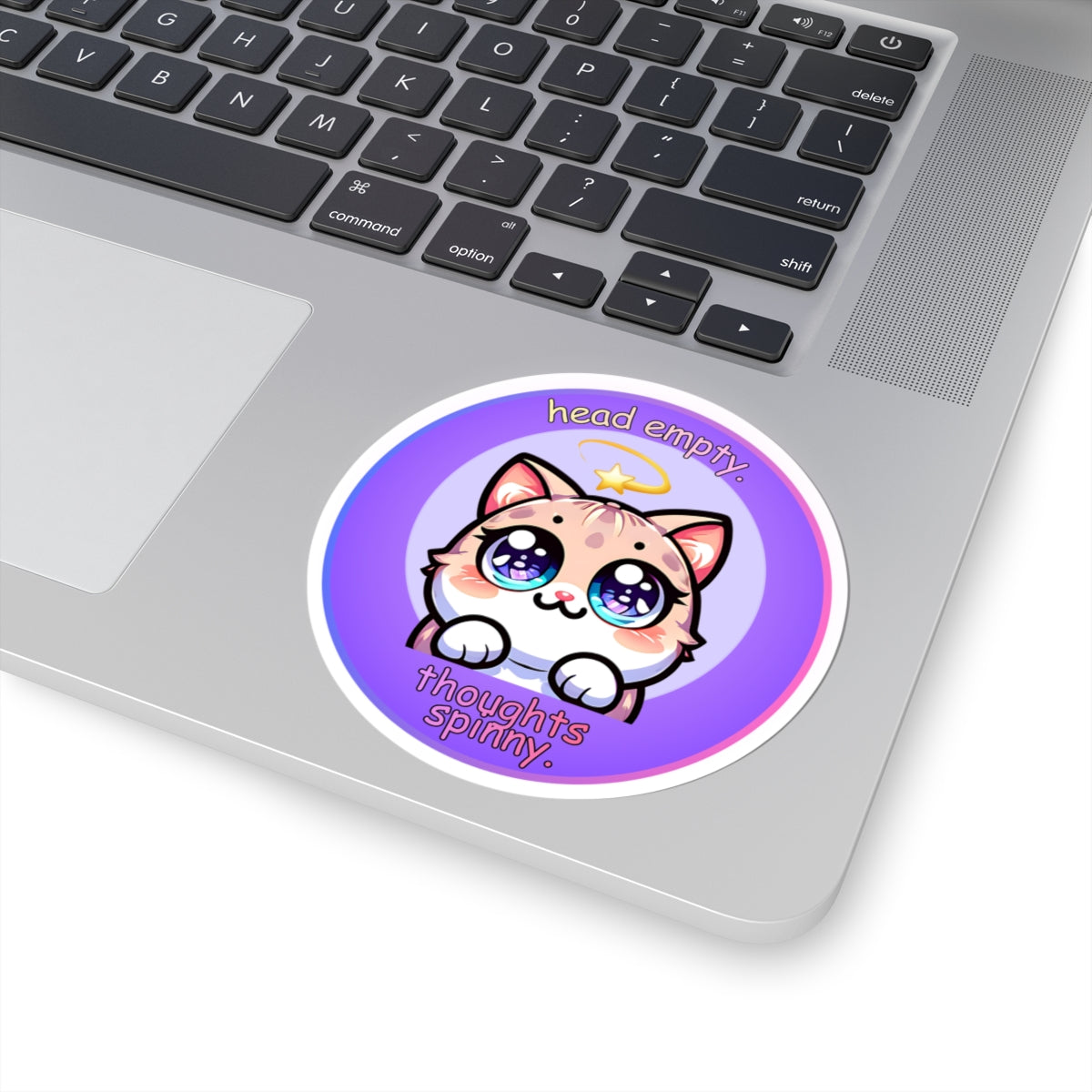 Kawaii Cat Sticker — "Head Empty, Thoughts Spinny" Round Kiss-Cut Vinyl Sticker