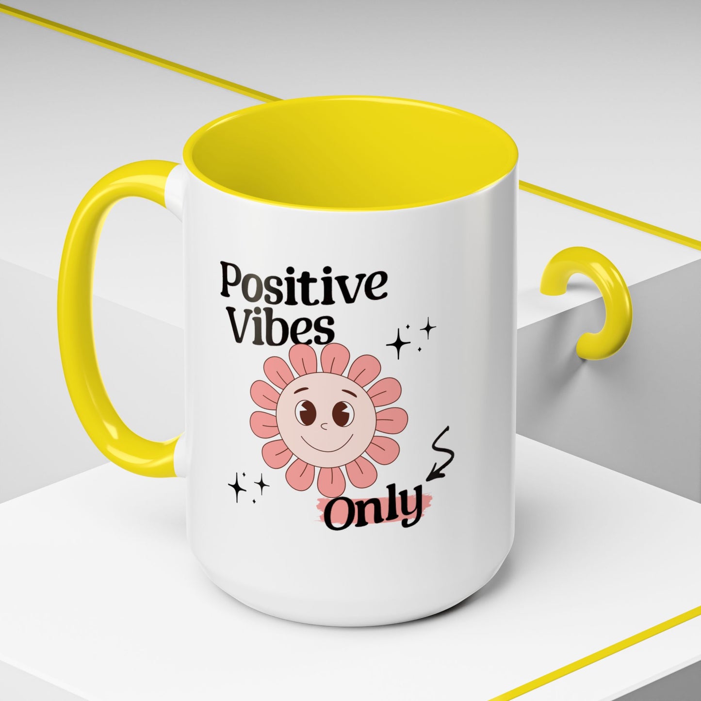 Retro Smiling Pink Flower Accent Coffee Mug — "Positive Vibes Only"