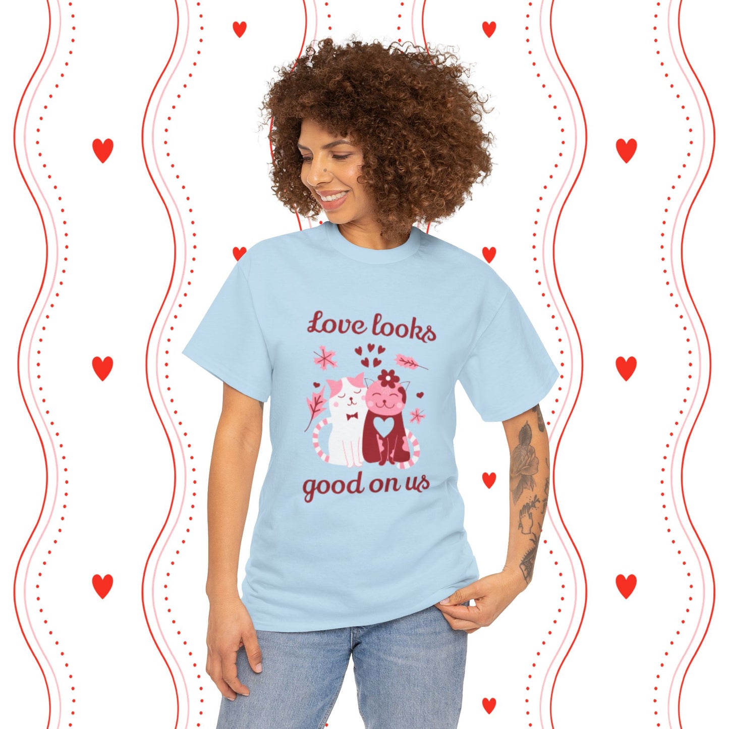 Love Looks Good On Us Tee — Romantic Cat Heart Valentine T-Shirt