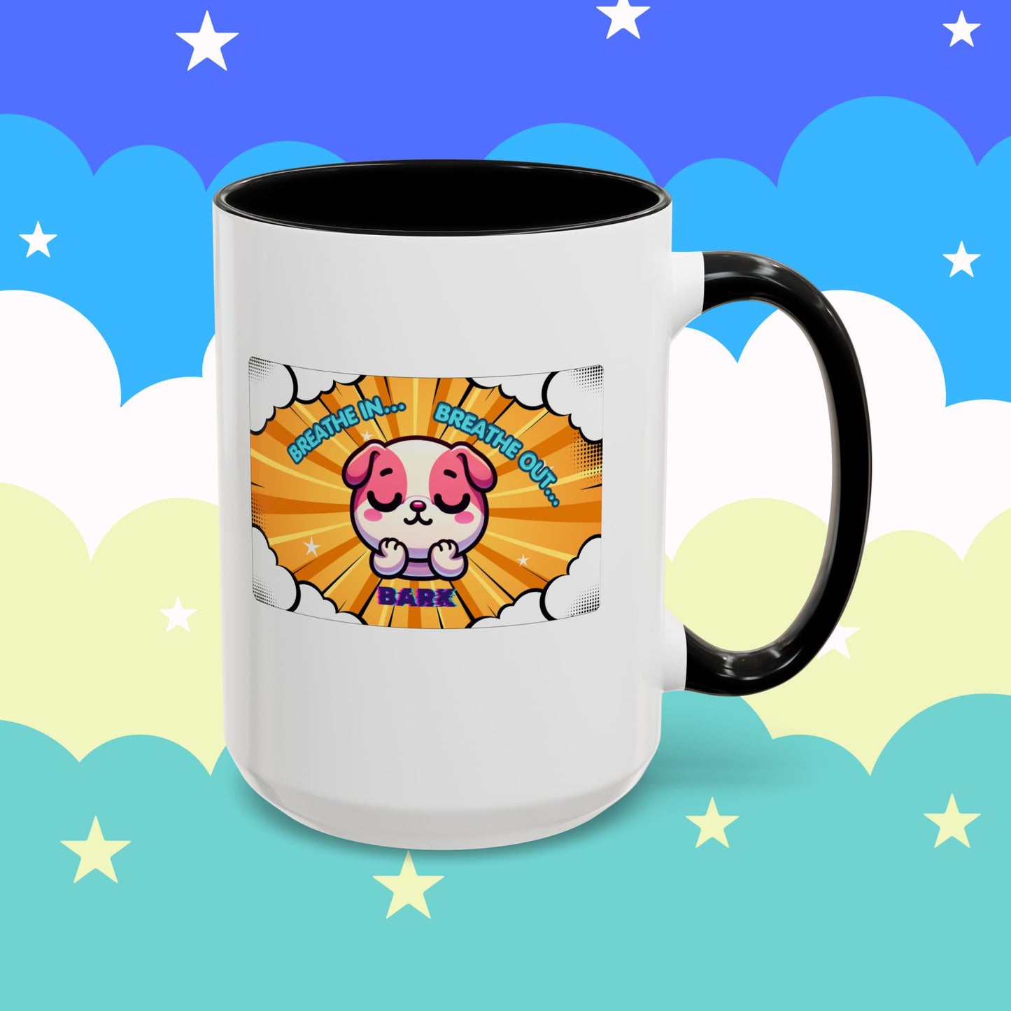 Stay Calm Pink Bulldog Kawaii Emote Coffee Mug — "Breathe In... Breathe Out... Bark"