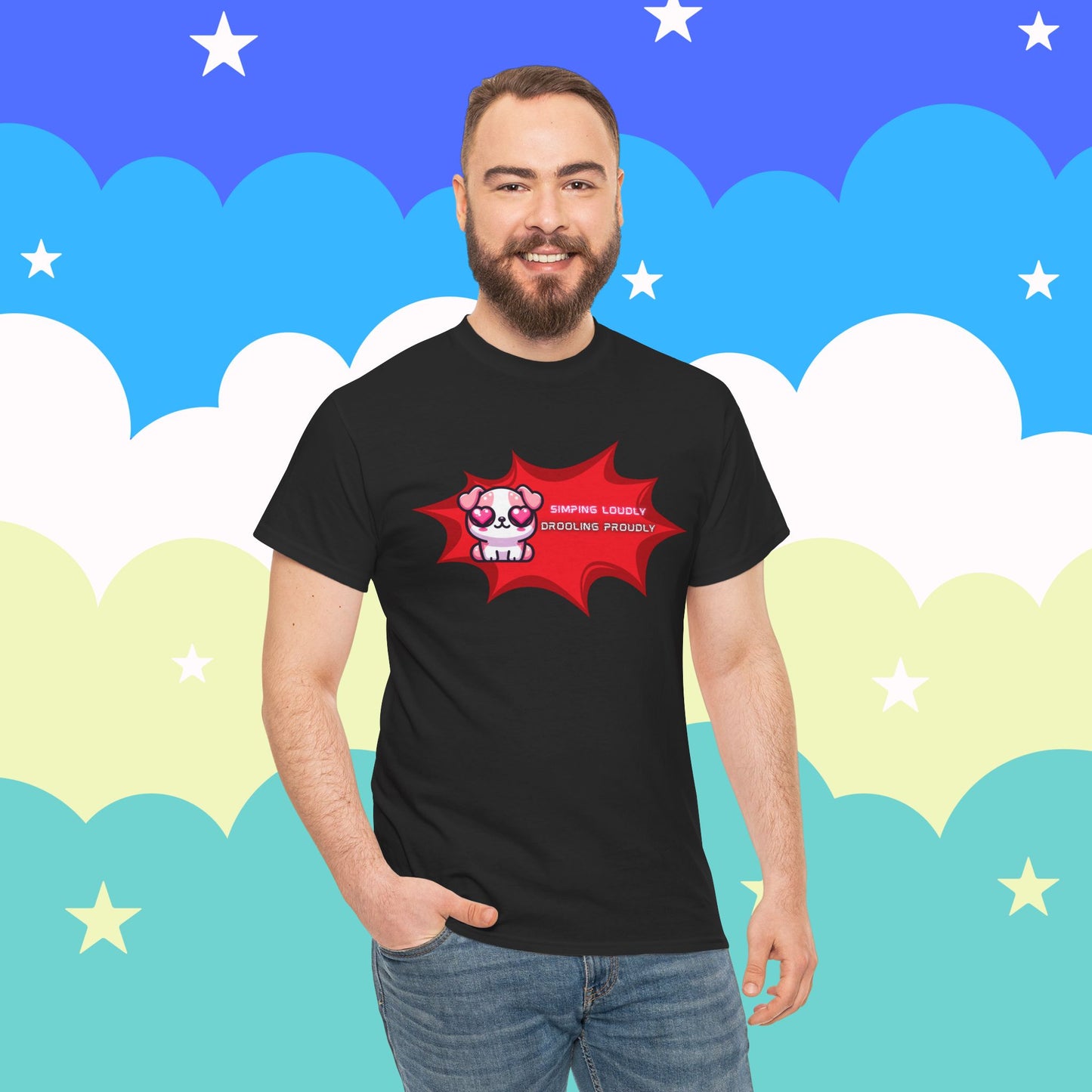 Kawaii Heart-Eyed "Simping Loudly, Drooling Proudly" Pink Bulldog T-Shirt