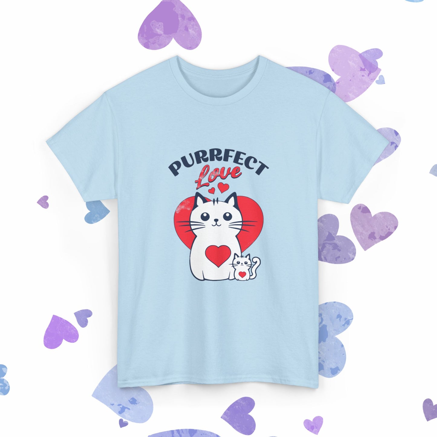 Purrfect Love Cat T-Shirt — Cute Heart Cat Graphic Tee for Cat Lovers, Valentine's Day Gift