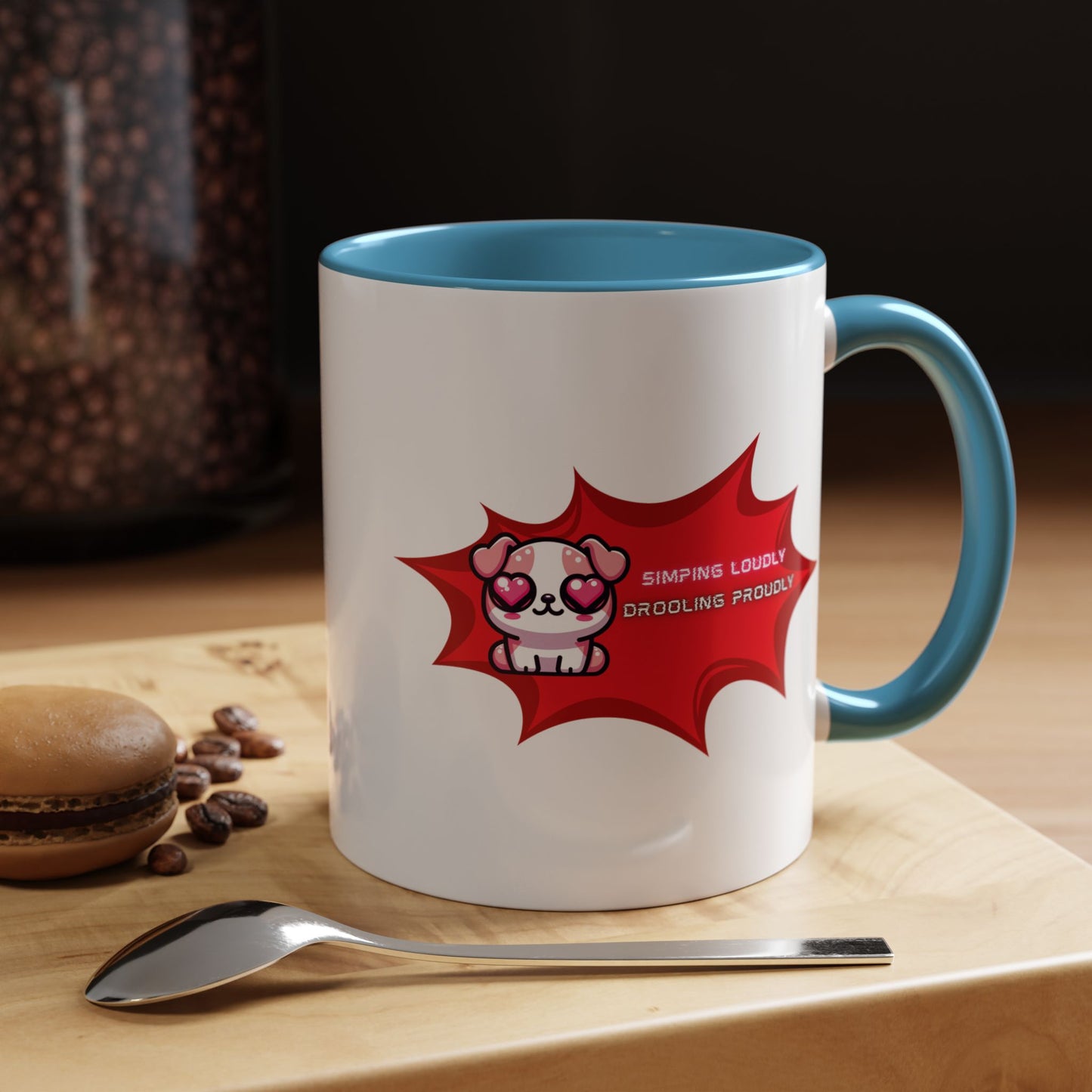 Cute Pink Bulldog Coffee Mug — “Simping Loudly, Drooling Proudly” Kawaii Heart-Eyed
