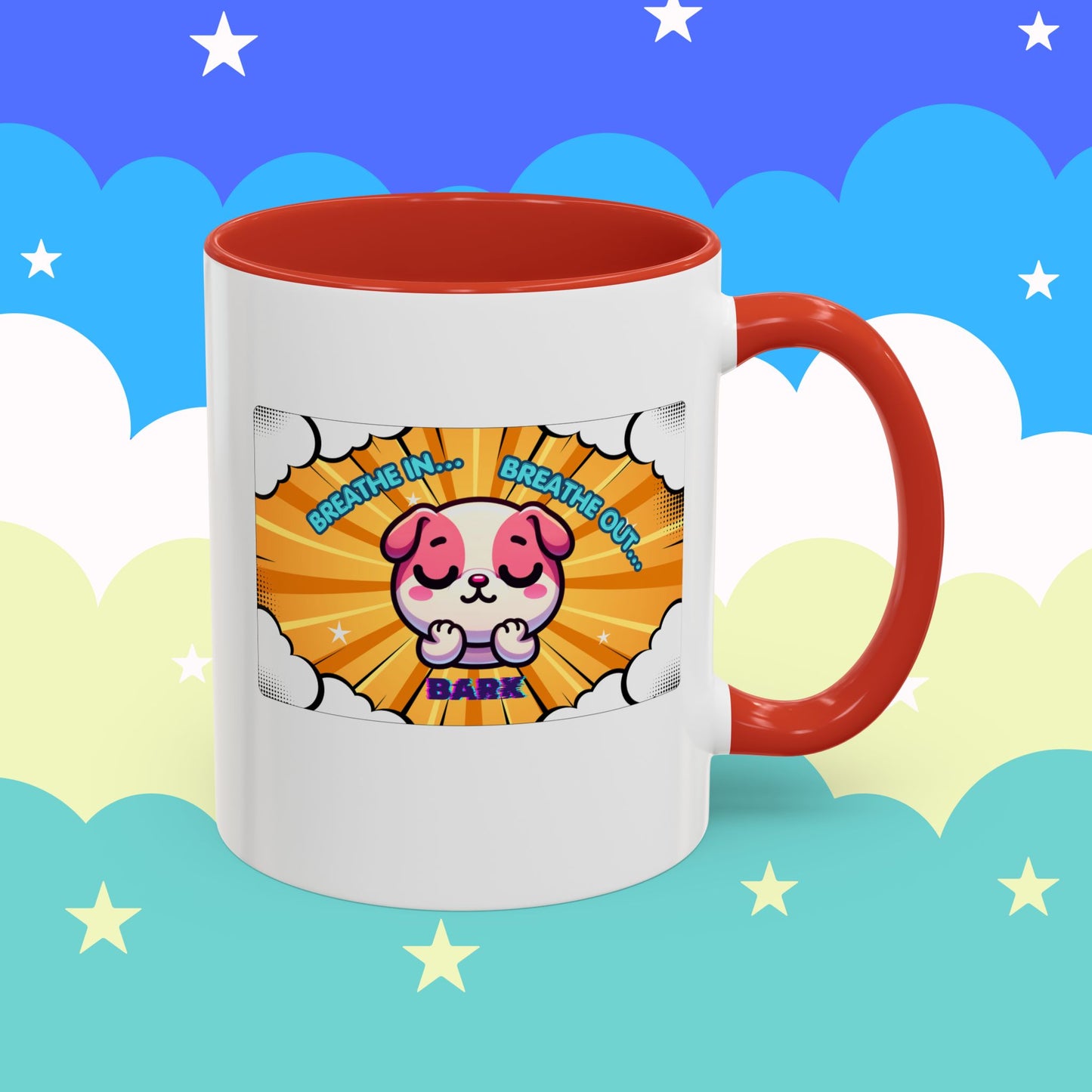 Stay Calm Pink Bulldog Kawaii Emote Coffee Mug — "Breathe In... Breathe Out... Bark"