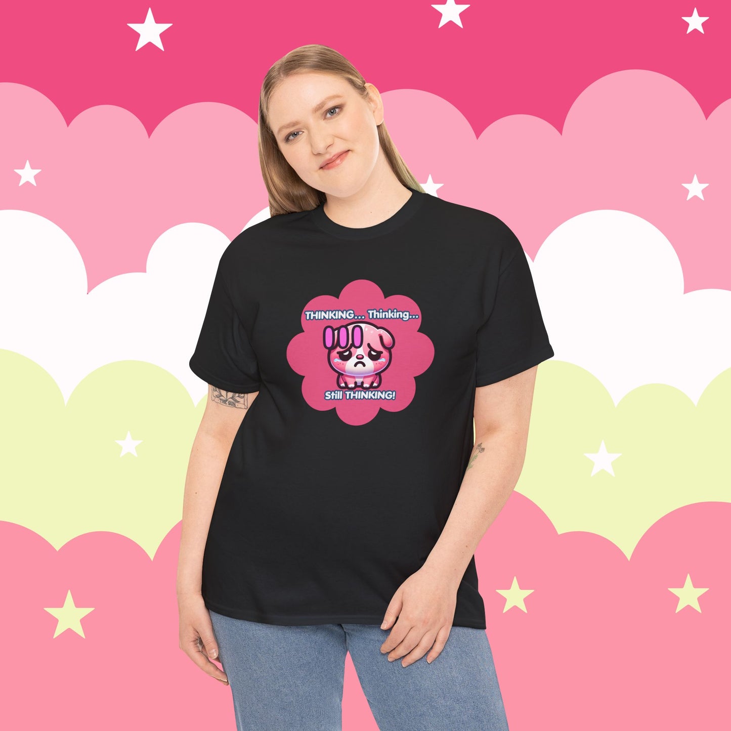 Contemplating Pink Bulldog Emote "Thinking... Still Thinking!" MoodT-Shirt