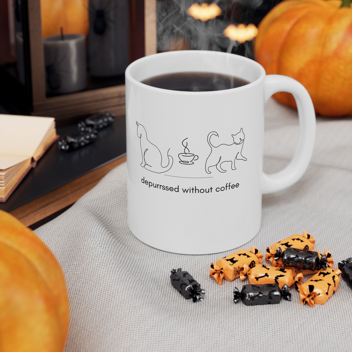 Depurrssed Without Coffee Ceramic Mug — Minimalist Cat Coffee Cup (11oz, 15oz)