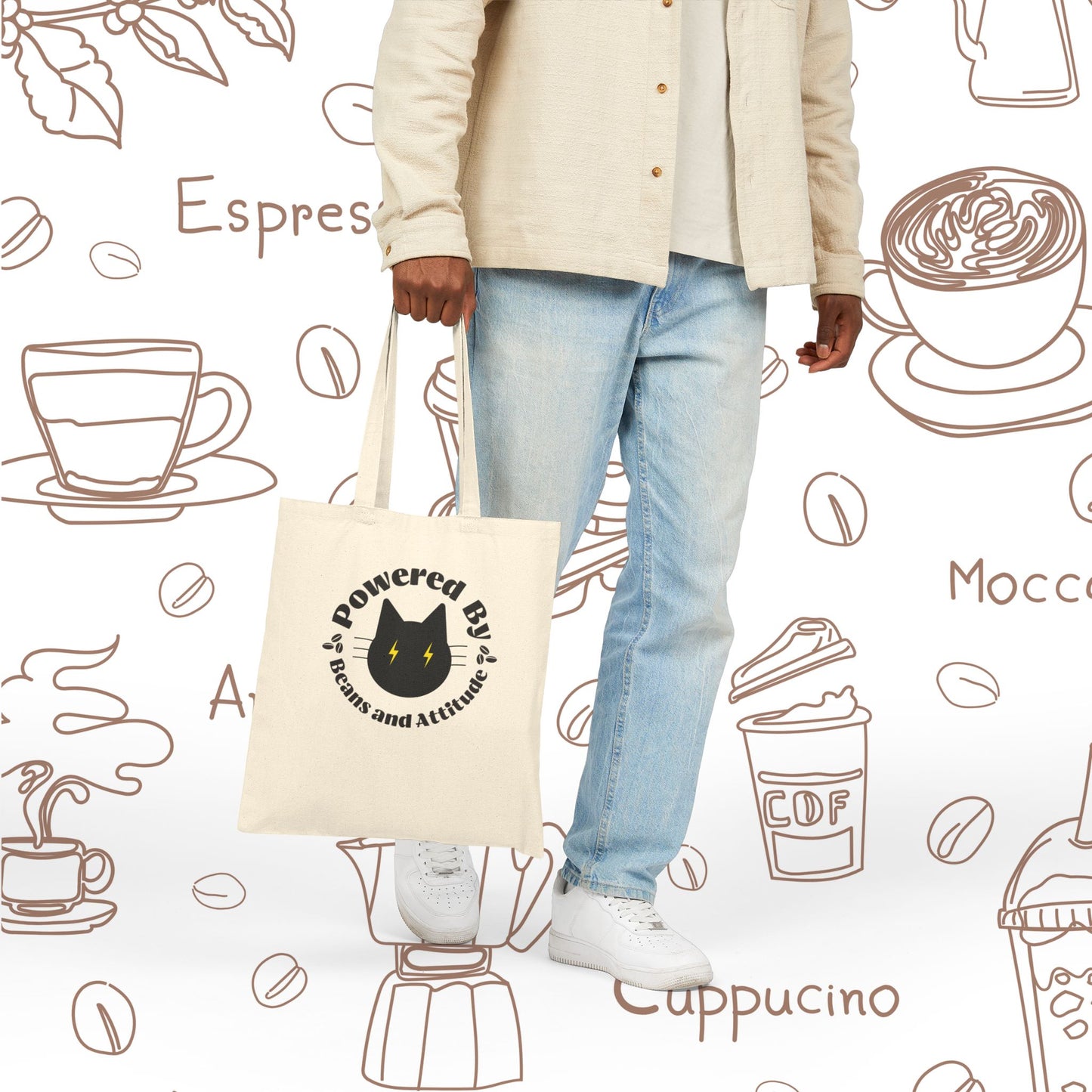 Powered By Beans and Attitude Tote Bag | Coffee Cat Illustration