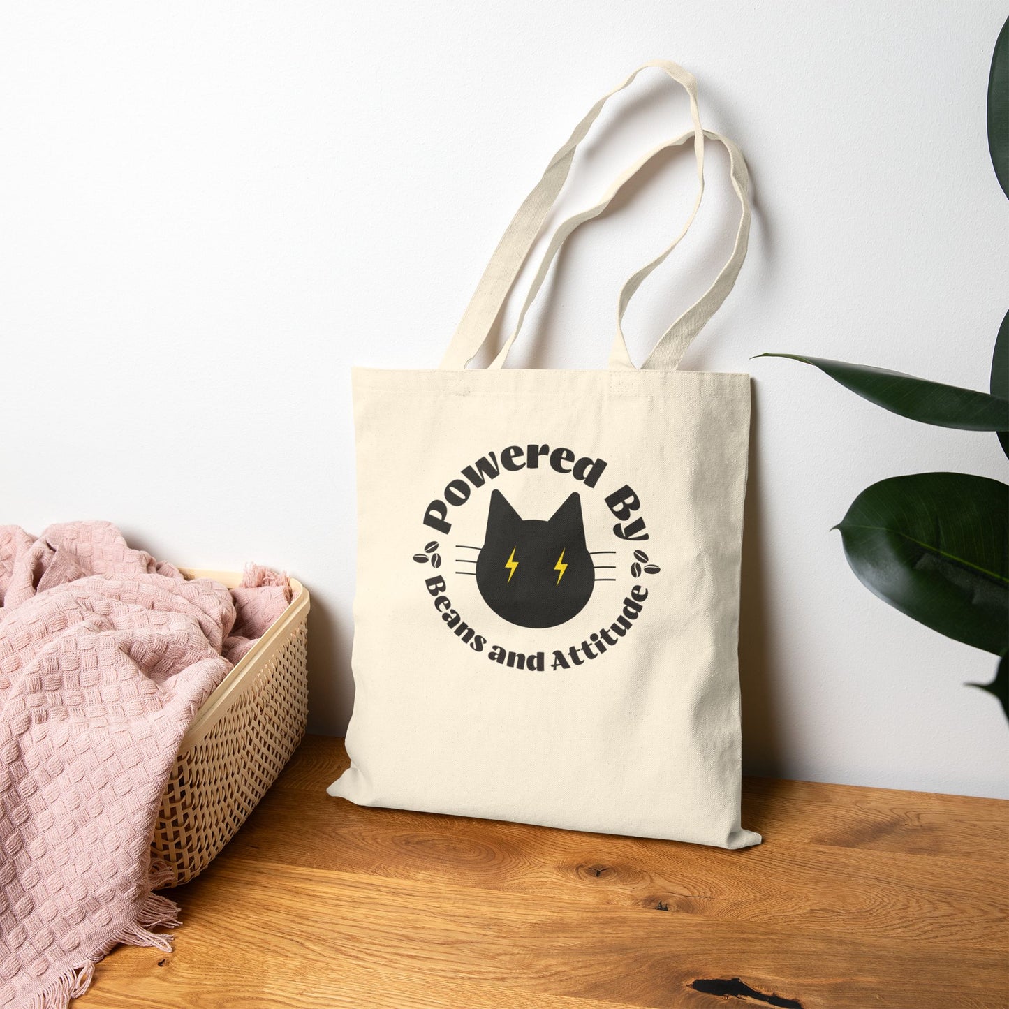 Powered By Beans and Attitude Tote Bag | Coffee Cat Illustration