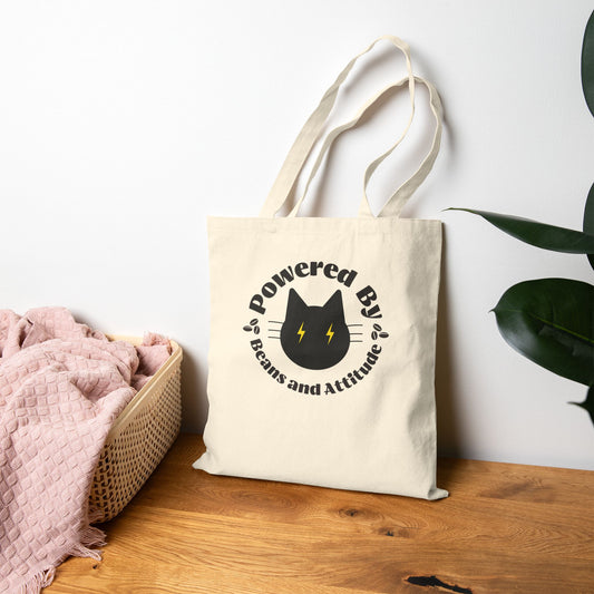 Powered By Beans and Attitude Tote Bag | Coffee Cat Illustration