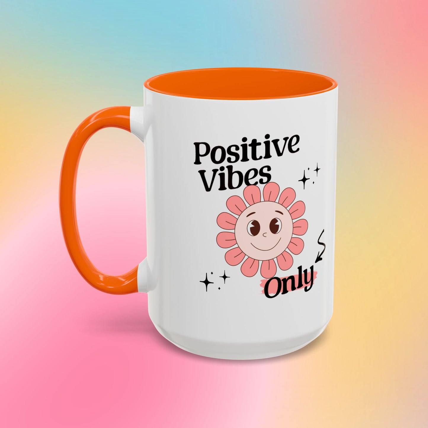 Retro Smiling Pink Flower Accent Coffee Mug — "Positive Vibes Only"