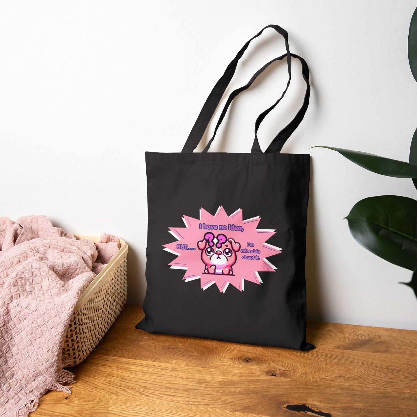 Confused Pink Bulldog Tote Bag — "I have no idea, but... I'm adorable about it."