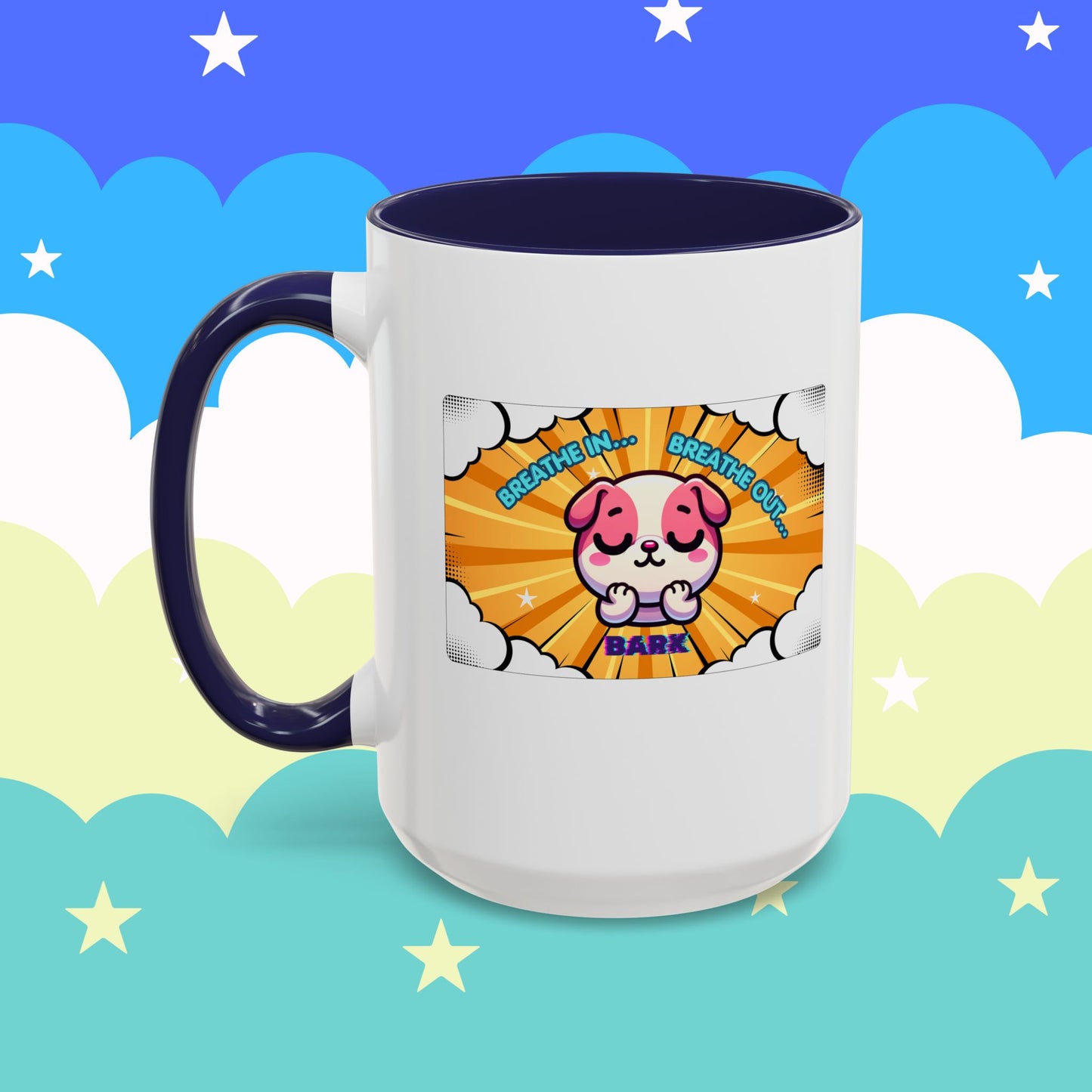 Stay Calm Pink Bulldog Kawaii Emote Coffee Mug — "Breathe In... Breathe Out... Bark"