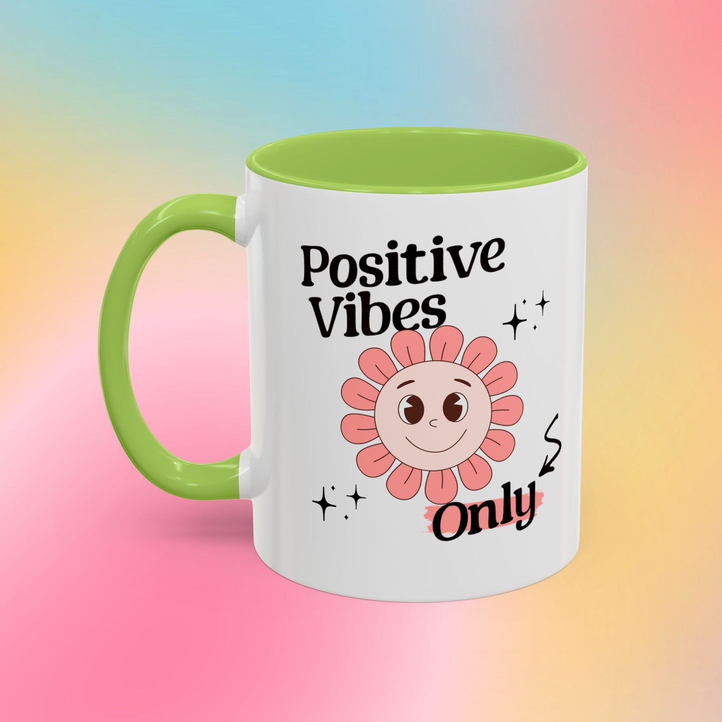 Retro Smiling Pink Flower Accent Coffee Mug — "Positive Vibes Only"