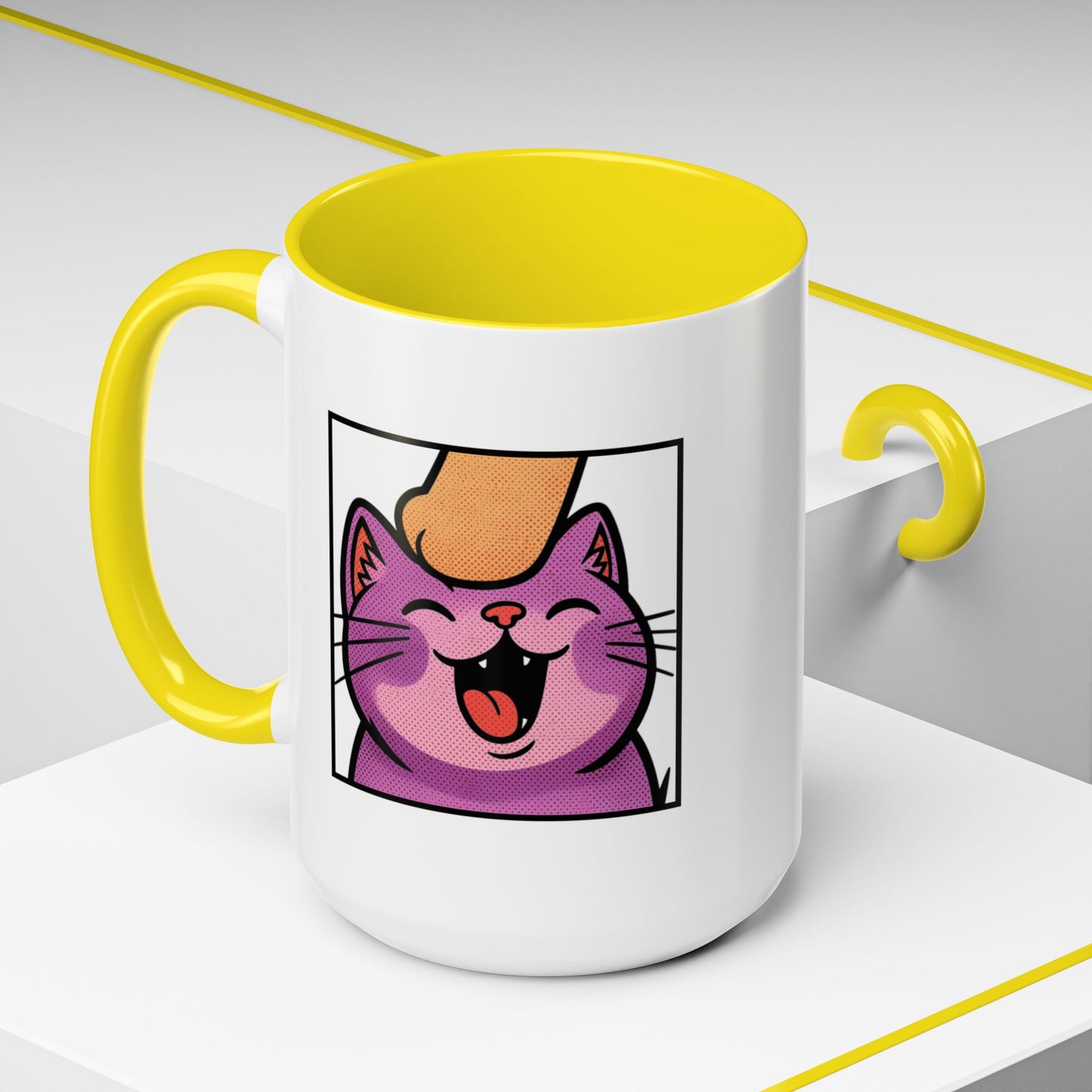 Pet Me, Purrfectly Happy Twitch Emote Cat Accent Coffee Mug – Cute Smiling Cat Illustration (11/15oz)